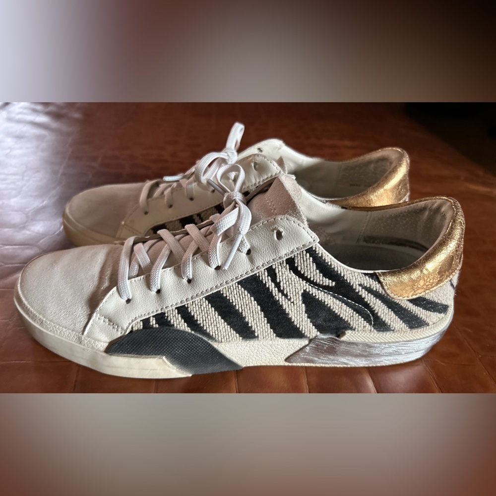 Dolce Vita White Zebra Print Leather Sneakers with Gold Heel
